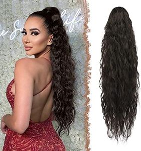 FESHFEN Long Ponytail Extensions, Drawstring Clip in Curly Wavy Hairpieces Synthetic Ponytails Hair Piece Pony Tail Extension for Women, Natural Black 26 inch