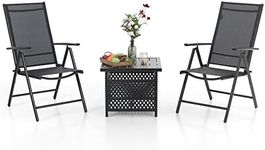 MFSTUDIO 3 Piece Metal Patio Dining Set,Outdoor Bistro Furniture with1 x Wrought Iron Square Table with Umbrella Hole and 2 x Folding Sling Chairs with 7 Levels Adjustable (Black)