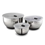 HexClad Stainless Steel Mixing Bowl Set, 3-Piece with Vacuum Seal Lids and Non-Slip Base, 1.3, 3 and 5 Litre Bowls