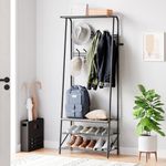 Coat Rack Shoe Bench with 10 Hooks, Hall Trees Entryway Bench with Storage, Multifunctional Hallway Organizer, Wood Look Accent Furniture with Metal Frame