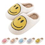 DOUUCO Women Soft Plush Happy Face Slippers Retro Warm Slip-on Slipper Cute Anti-slip Slippers with Memory Foam Slip-on Fur Slippers Breathable Happy Face Slippers