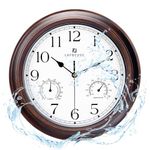 Lafocuse Outdoor/Indoor Waterproof Wall Clock with Thermometer and Hygrometer Combo, Silent Non Ticking Kitchen Mahogany Color Wall Clocks Battery Operated for Patio Porch Garage 12 Inch-Version 2.0