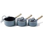 GreenPan Mayflower Healthy Ceramic Non-Stick 6-Piece Saucepan Set with Lids, Vintage Wood Handle, PFAS-Free, Induction, Smoky Blue, Blue