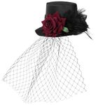 Beaupretty Fascinators Hats, Vintage Red Rose Mesh Hat Hair Clip Cocktail Tea Party Headwear with Veil for Women Black