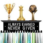 Dafftos Medal Display Shelf Medals Wall Metal Trophy Rack Hanger Ribbon Holder Organizer Frame Awards Always Earned Never Given Softball Runner Custom Hold 90 Medals Easy to Install 13 Inch