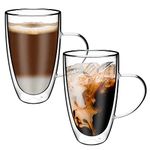 Vinsani PIVANO Double Walled Coffee Drink Glasses Tea Cup Mug 600ml Set of 2 Heat Cold Resistant Aesthetic Clear Borosilicate Glass with Handle Cappuccino Latte Tea Dessert Hot and Cold Drinks