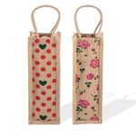 Heart Home (Pack of 2) Jute Bottle Bag | Bottle Carry Bags | 1 LTR | Office Bottle Bag | Reusable Bottle Bag with Handle | Wine Bottle Bag | Travel Bottle Bag | Small | Red & Pink