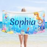 Greatabox Personalized Beach Towels for Kids Adults with Seahorse, Custom Kids Beach Towel with Names, Customized Beach Towel Oversized for Women Men, Personalized Pool Towel for Travel