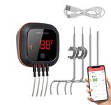 Inkbird IBT-4XS Bluetooth Wireless Digital Cooking BBQ Oven Smoker Candy Grilling Thermometer Timer with Two/Four Probes, 1000mAh Li-Battery and USB Charging Cable (Four Probes)