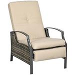 Outsunny Outdoor Rattan Recliner Chair Patio Adjustable Wicker Sofa Armchair Garden Relaxing Lounge Seat with Retractable Footrest and Cushion, Khaki