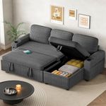 Sofa Bed, L Shaped Pull Out Sleeper Sectional Couch Bed with USB & Type-C Ports, 3 in 1 Corduroy Convertible Sofa Bed with Adjustable Backrest, Storage Chaise, Cup Holder for Living Room (Grey)