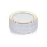 M Honor 60 Piece Gold Rimmed Round Plastic Reusable Plates for Weddings, Parties and Dinners | 7.5 Inch Diameter