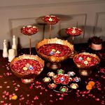 LUXEOASIS Decorative Bowl Taj Bowl Hammered Urli Candle Stand with Floating Diya | Urli for Home Decor and Festival Decor Urli Show Piece for Floating Flowers Diya - 9 Pieces Combo