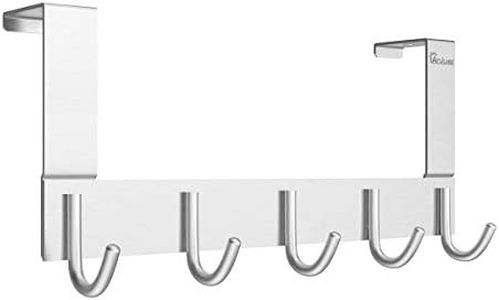 Anjuer Door Hooks Hanger Rack, Aluminum Utility Organizer Towel Hooks Holder for Kithchen Bathroom, 5 Hooks Over The Door Hanger Silver
