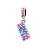 Pink Cellular Cell Mobile Smart Phone Dangle Charm Bead For Women Teen Enamel .925 Sterling Silver Fits European Bracelet