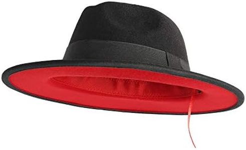 EXTREE Men & Women Wide Brim Wool Felt Fedora Hat with Belt Buckle Two Tone Patchwork Unisex Floppy Panama Hat Cowboy Cap Sunhat Black-red