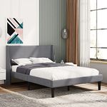 Double Bed Frame, Soft Linen Full Size Bed, Upholstered Platform Bed Frame for Adults, Girls, Boys, Teenagers, Easy Assemble, Wood Slat Support ( Grey, 135W x 190L cm )