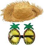 labreeze Male Straw Beachcomber Hat with Pineapple Glasses Hawaiian Tropical Beach Party Set