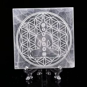 AMOYSTONE Selenite Crystal Charging Plate for Healing Crystal Stone Selenite Pieces Square Slab Etched Chakra 4" with Stand