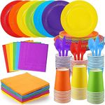 LATERN 210Pcs Colorful Paper Party Tableware Set, 30 x Dinner Plates & Salad Plates, 30 x 270ml Cups, 30 x Napkins, 30 x Reusable Knife & Fork & Spoon - for Neon Fiesta Rainbow Party Decoration