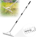 62" Thatch Rake, 15-Inch Wide Lawn Thatching Rake for Cleaning Dead Grass, 11 Curved Steel Tines Double-Sided Dethatching Rake for Garden, Lawn