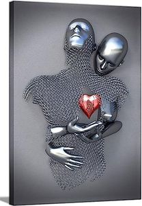 Bedroom Wall Decor,Framed Romantic Couple Living Room Canvas wall art,Love Heart 3D Metal Sculpture Effect,Black and White Modern Abstract hug Lovers Painting Picture Poster Prints for Bathroom Hotel