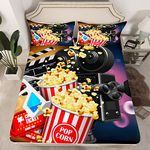 Popcorn Fitted Sheet Old Fashion Home Decor Bed Sheet Set for Kids Teens Vintage Cinema Movie Theater Snacks Bedding Set Camera Bed Cover Bedroom Decor Queen Size 3Pcs