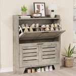 GarveeHome Shoe Cabinet Storage for Entryway, Narrow Shoe Cabinet with 2 Flip Drawers, Freestanding Hidden Slim Shoe Organizer Cabinet with Hooks for Foyer, Hallway, Garage,Gray