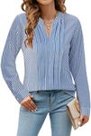 Blooming Jelly Women's Dressy Casual Blouses Business Work Chiffon Tops Trendy Striped Long Sleeve Pleated Shirts 2024 Fall Outfits (Blue Striped,Large)