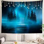 Shrahala Misty Forest Wall Tapestry, Moonlight Natural Scene Wall Hanging Large Tapestry Decoration Polyester Fiber White Hem Around for Dorm Room Bedroom 51.2 x 59.1 in