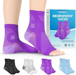 BraceAbility Neuropathy Socks for Women and Men - Toeless Compression Foot Neuropathy Socks, Peripheral Neuropathy Socks, Diabetic Neuropathy Socks, Arthritis Socks (M - Purple)