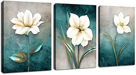 Flowers Wall Art Abstract Canvas Pictures Bathroom Bedroom Living Room Wall Decor Blue Canvas Picture White Blossom Contemporary Botanic Canvas Artwork Framed Ready to Hang 40cm x 60cm x 3 Pieces