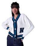 Hubberholme Women White Varsity 100% Acrylic Relaxed Cardigan Sweater HHWSWW23003_WH_L