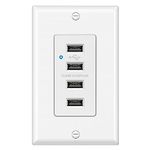 BESTTEN 4.2A/21W USB Receptacle Outlet with 4 High-Speed USB-A Charging Ports 125VAC Input, 4 Type-A USB Wall Outlet with LED Indicator, Decorator Wallplate Included, cUL Listed, White