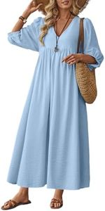 Celmia Cotton Dress for Women Summer Boho Puff Sleeve Linen Maxi Dress Light Blue Medium