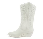 Soda Women Cowgirl Cowboy Western Stitched Boots Pointy Toe Knee High Reno-S, All-white, 7.5