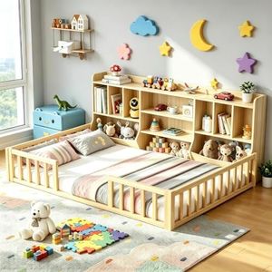 Einhomn Twin Montessori Floor Bed Frame with Bookcase, Storage Shelves & Guardrail, Solid Wood Bed for Kids, Girls, Boys, Easy Assembly, Natural