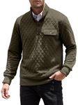PLEPAN Men's Quilted Sweatshirt Long Sleeve Casual Stand Collar Button Fleece Pullover Sweatshirts, Olive Green, XXL