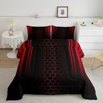 Manfei Abstract Ombre Comforter Set Queen Size, Red Honeycomb Quilt Set with 2 Pillowcases, Geometric Hexagon Stripes Bedding Set 3pcs for Kids Boys Girls Bedroom Decor Modern Duvet Insert