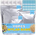 Three Way Cut Mylar Bags For Food Storage -110pcs 10 Mil Thick with Oxygen Absorbers 400cc, Ziplock Variety Gallon, Quart, 1/2 Pint Labels Long Term & Large Storage, Heat Vacuum Seal…, Silver (MB110)