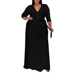 Wofengsun Plus Size Maxi Dress for Women - 3/4 Sleeve V Neck Printing Dresses for Women with Belt 2XL-6XL, Black, 3XL