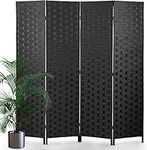 Room Divider,4 Panels 6FT Folding Privacy Screen Room Divider Wall Wood Mesh Hand-Woven Design Freestanding Partition Portable Wall for Home Office Bedroom(Black)