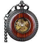 VIGOROSO Men's Hand-Wind Mechanical Pocket Watch Vintage Steampunk Wood Grain Hollow Design with Chain and Box, Black, pocket watch