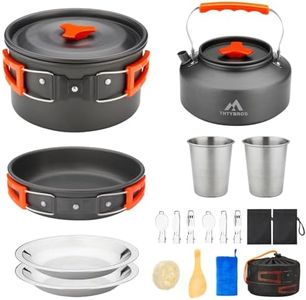 THTYBROS 17pcs Camping Cookware Kit, 0.45Gal Pot, 7inches Pan,0.30Gal Kettle Set with 2 Set Stainless Steel Cups Plates Forks Knives Spoons for Hiking,Camping,Backpacking,Outdoor Cooking and Picnic