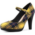 Allegra K Women's Houndstooth Platform Stiletto Heels Mary Jane Yellow Pumps 9.5 M US