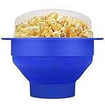 Flexzion Silicone Microwave Popcorn Popper BPA Free Collapsible Popcorn Bowl Microwavable Pop Corn Maker with Lid and Handle Dishwasher Safe Silicon Bucket for Parties and Movie Nights, Blue