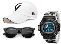 SELLORIA Brand Black dial Boy's Combo Pack of Black Dial Digital Watch White Black Sunglass with Baseball Cap Black Pack of 3