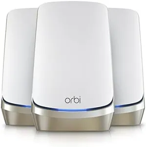 NETGEAR Orbi Quad-Band WiFi 6E Mesh Network System (RBKE963), Router with 2 Satellite Extenders, Security Features, Up to 10.8Gbps, Coverage up to 9,000 sq. ft., 200 Devices, 10 Gig Internet Port