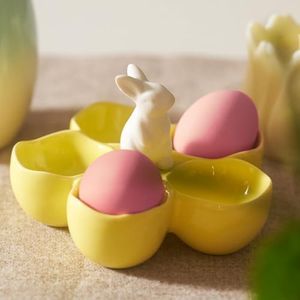 WDS WONDROUS Easter Rabbit Egg Cup Holder, Adorable Bunny Ceramic 5 Yellow Poached Egg Cups for Soft Boiled Eggs, Deviled Eggs Platter, Easter Decorations, Dishwasher Safe