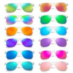 SUNOVELTIES 12 Pack Neon Color Sunglasses Classic Clear Frame Mirrored Lenses Glasses Men/Women Bulk Birthday Beach Pool Party Favors
